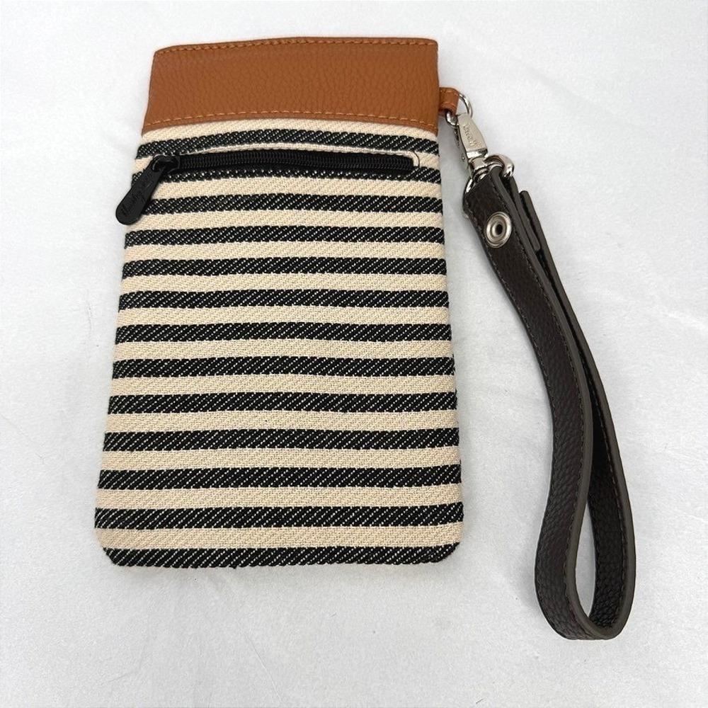 Thirty-One Pinch Top Case Wristlet Pouch Striped Canvas Faux Leather Travel